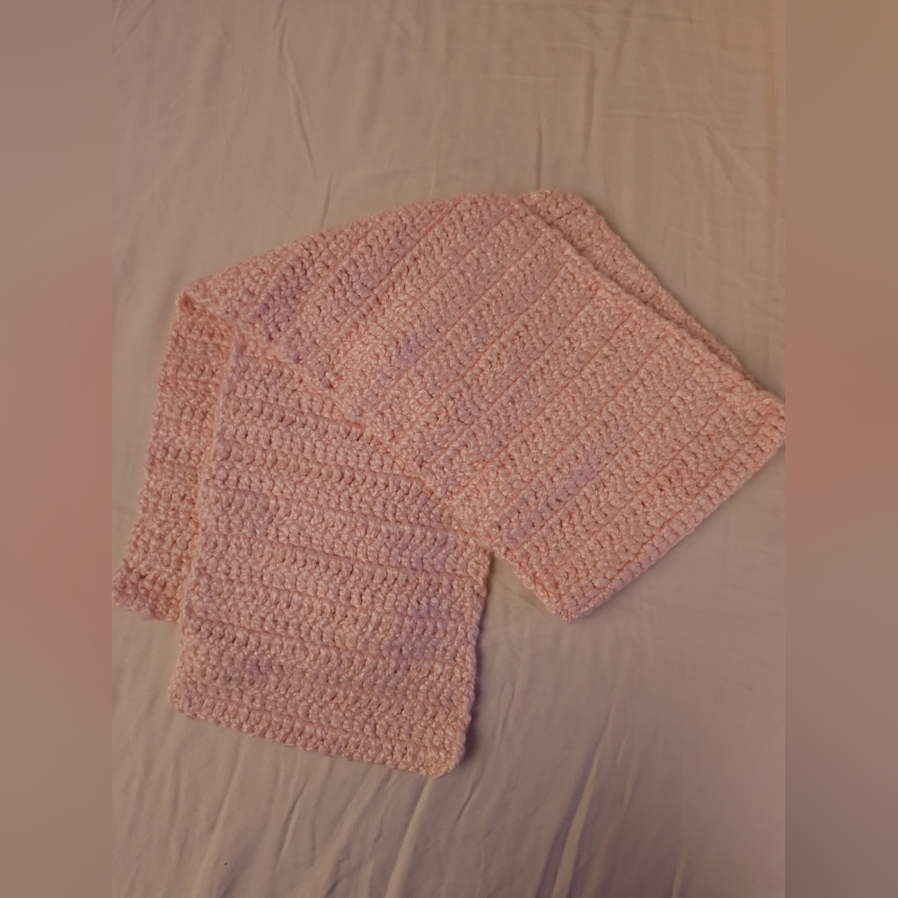 Soft pink knitted/crochet scarf